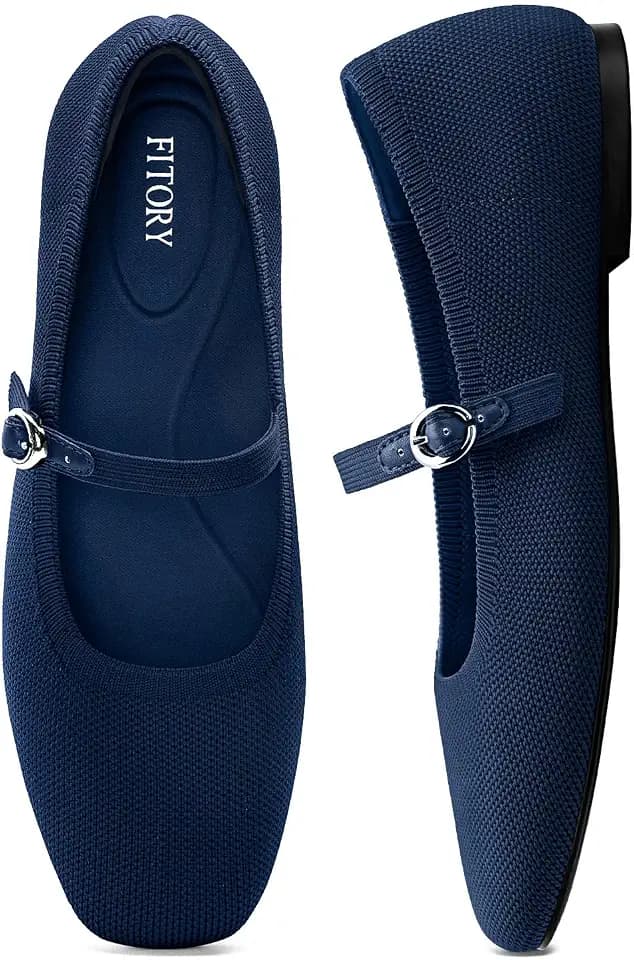 FITORY Flats for Women, Mary Jane Ballet Square Toe Knit Ankle Strap Shoes