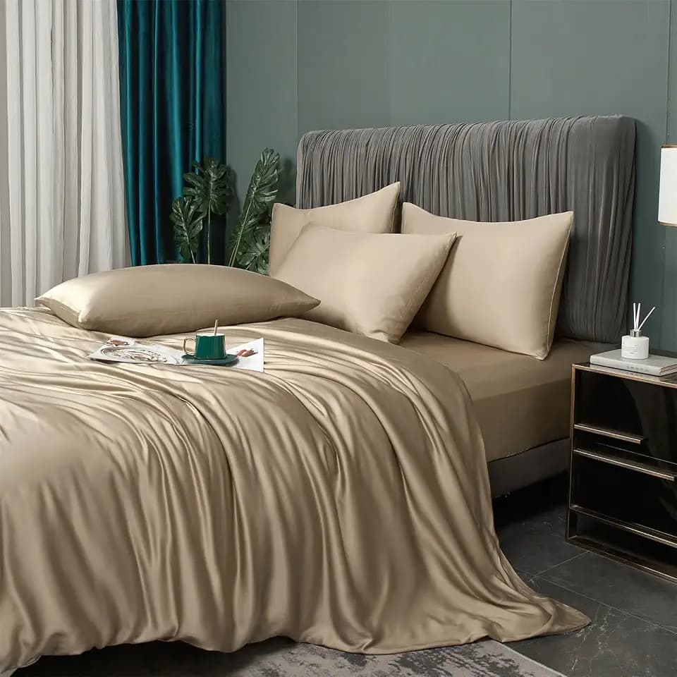 Cooling Duvet Cover Queen Set Tan, 100% Viscose Derived from Bambo, Summer Soft Breathable Rayon Bedding Set for Hot Sleepers, Luxury Luxurious Silky Smooth Comforter Cover for All Seasons