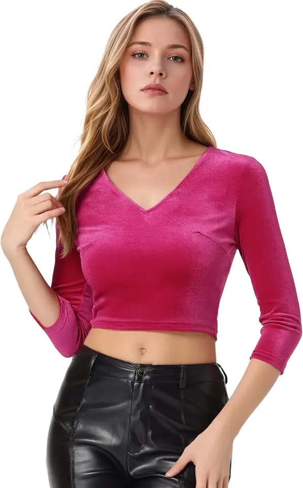 Allegra K Women Velvet 3/4 Sleeve V Neck Cropped Top Blouse Halloween
