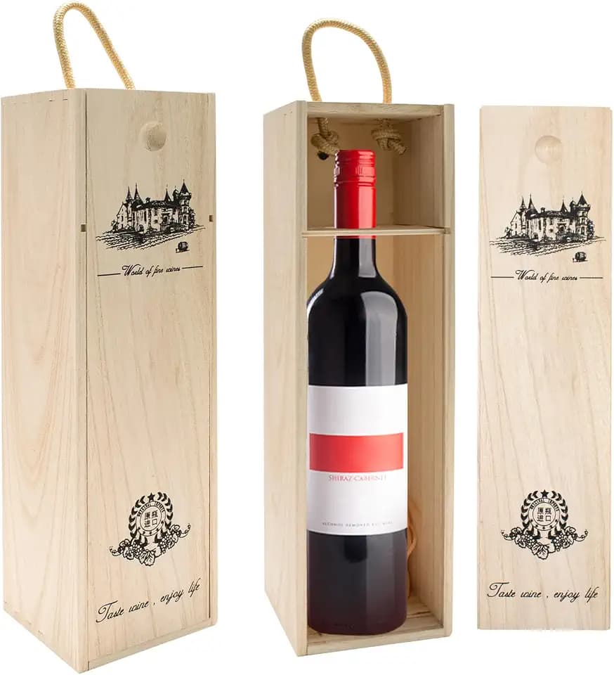 2 PCS Wooden Wine Gift Box with Rope Handle & Silding Cover, Single Vintage Storage & Shipping Wine Box for DIY Crafts, Gifts, Housewarmings, Birthday Party, Weddings, Anniversary (3.9x3.9x13.8 Inch)