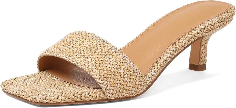 Ancomafio Kitten Heel Sandals Raffia Low Heels 2 Inch Square Open Toe Sandals for Women Slip on Summer Vacation Casual Shoes