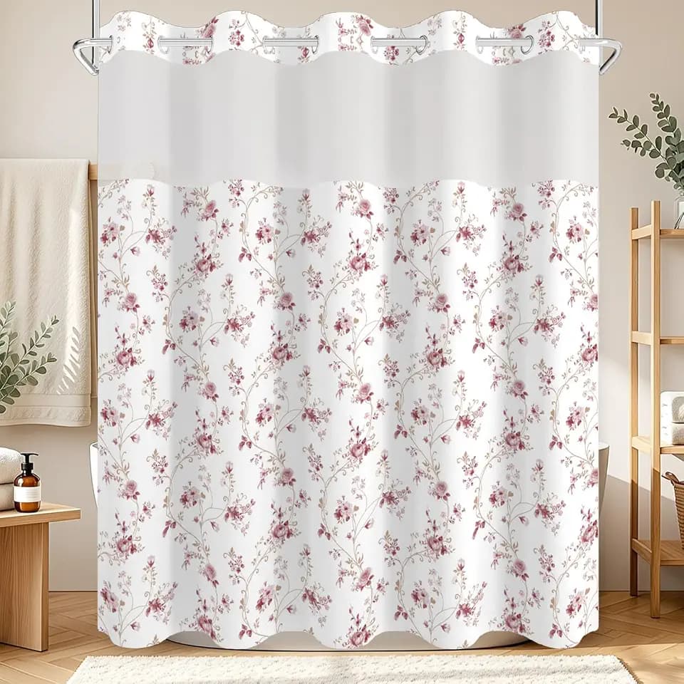Boho Floral No Hook Shower Curtain with Snap in Liner Set 71x74 in