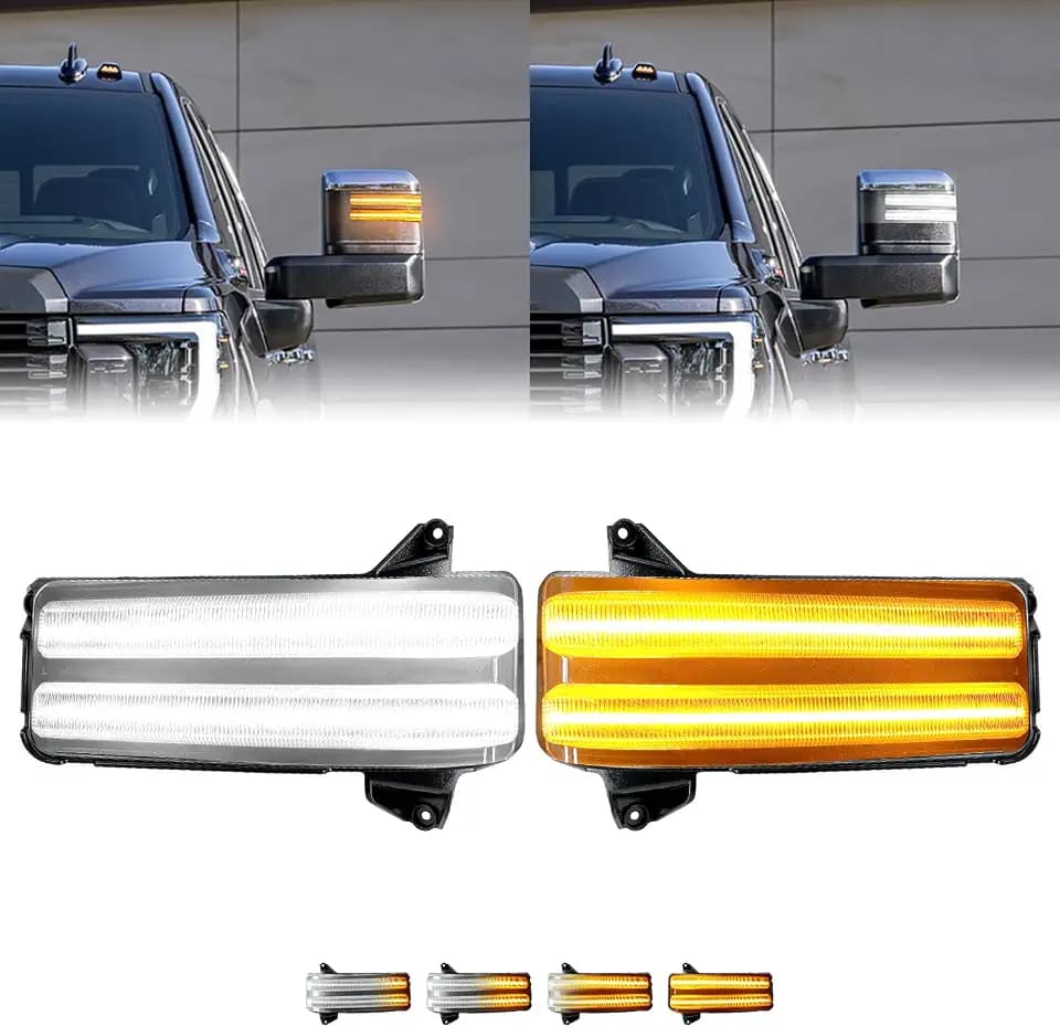 ROCCS LED Sequential Amber Turn Signal Lights for 2020-2026 Chevy Silverado/GMC Sierra 2500HD 3500HD, Switchback Tow Mirror Marker Lights White Parking/Cargo Lamps, Clear Lens