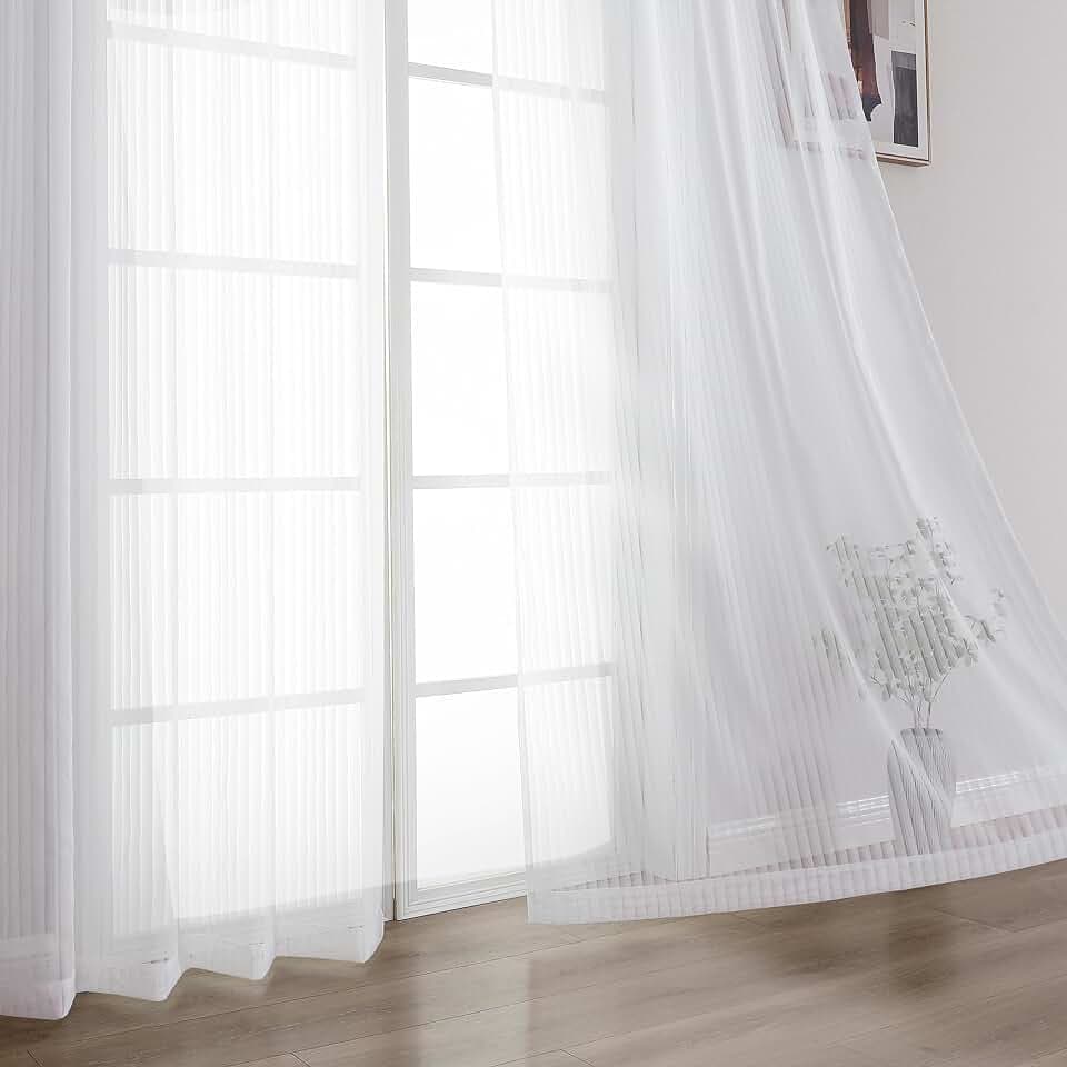 OWENIE White Semi Sheer Curtains - 90 Inches Long 2 Panels Set for Living Room Bedroom, Vertical Striped Textured Modern Sheer, Light Filtering Soft Airy Rod Pocket Drapes, 2 Pcs Each 52" W x 90" L