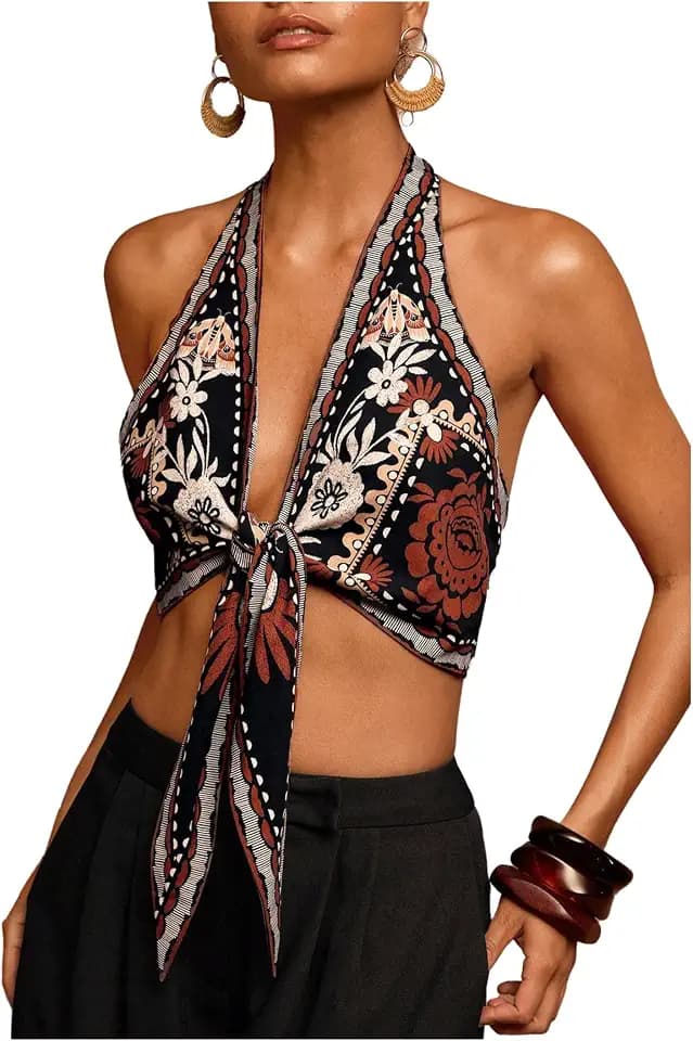 Floerns Women's Summer Floral Halter Tops Tie Front Backless Beach Vacation Crop Tops
