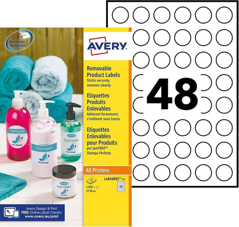 Avery L4850REV-25 Etiketten, ablösbar, bedruckbar, Mehrzweck-Etiketten, Durchmesser 25 mm, Weiß, 48 Etiketten pro Blatt, 1200 Stück