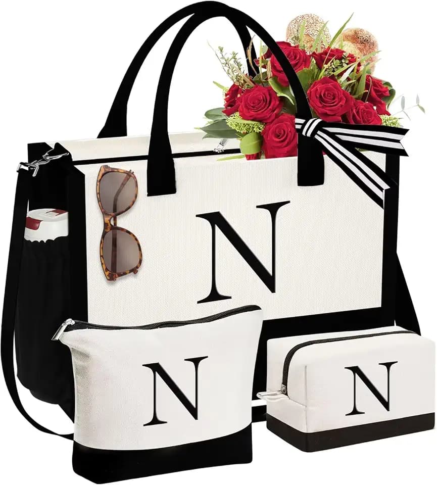 YOOLIFE Gifts for Women - 3 Pcs Initial Canvas Tote Bag & Makeup Bags