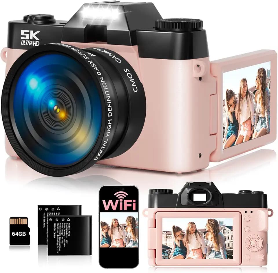 5K Digital Camera for Photography,UHD 75MP WiFi Vlogging Camera for YouTube,Compact Camera with 3" 180°Flip Screen,64GB SD Card,16X Digital Zoom,2 Batteries,Perfect for Beginners and Teens,Pink