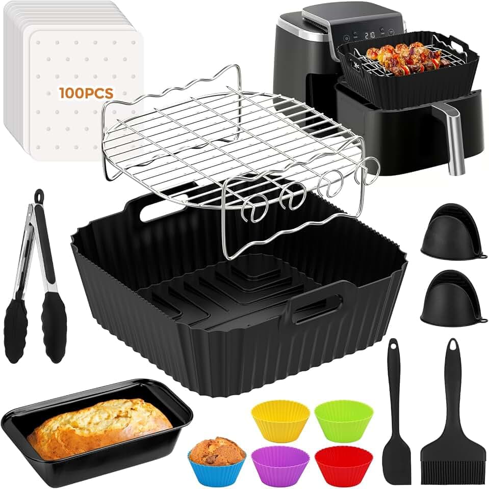 Heißluftfritteuse Zubehör für Ninja Max PRO 6,2L AF180EU und Ninja PRO 4,7L AF140EU Heißluftfritteuse, 113 Stück Airfryer Zubehör für Ninja, Einschließlich Grillrost Backpapier Silikonform