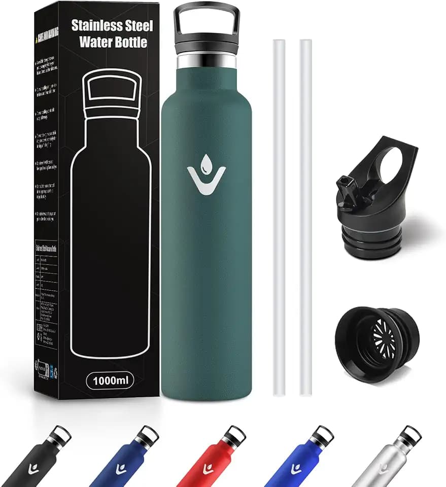 Thermosflasche 1L, Auslaufsicher Trinkflasche mit Strohhalm, Wasserflasche Kohlensäure Geeignet, BPA-Frei, für Sprudel, Fahrrad, Reisen, Laufen