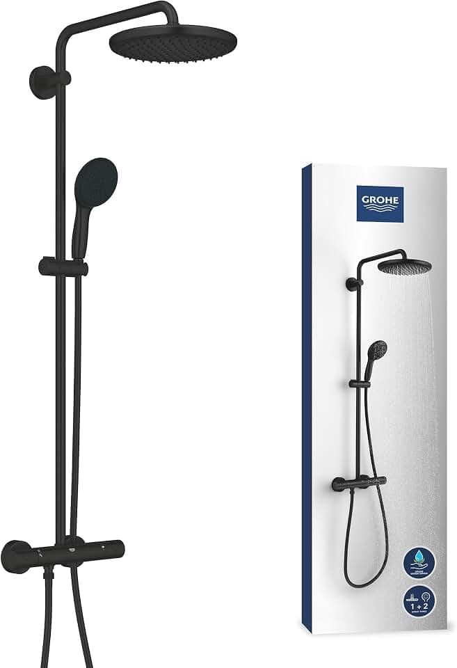 GROHE Vitalio 250, Duschsystem wassersparend 8l pro Min (Regendusche mit Thermostat und schwenkbarem Kopfbrause, Sicherheitssperre bei 38°C, Duschset mit Antikalk-System), rund, schwarz, 266782431
