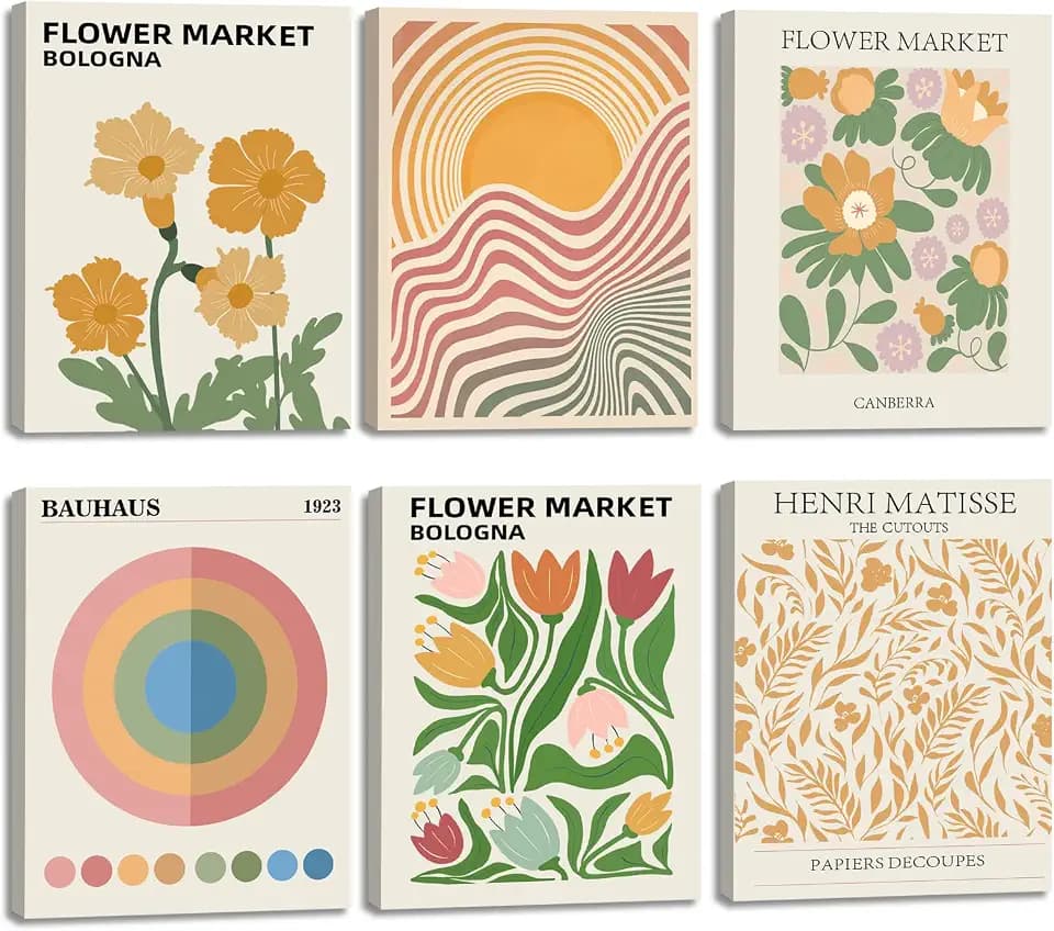 KAIRNE 6 Stück Vintage Blumen Wanddeko Retro Aesthetisch Matisse Stil Set