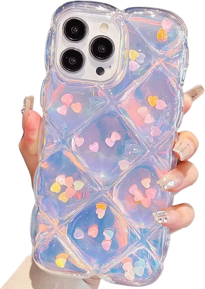 Qokey Compatible with iPhone 16 Pro Case 6.3",Cute Laser Gradual Bling Love Heart Glitter Clear+Translucent Card Soft Wave Frame Anti-Falling 3D Thick Shockproof Phone Cover(for 16 Pro 6.3")