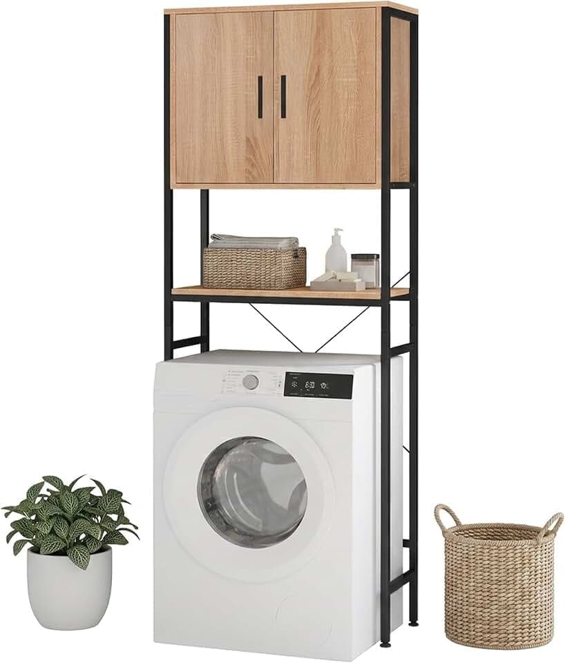Relaxdays Waschmaschinenschrank Ablagen, Türen, Natur/schwarz