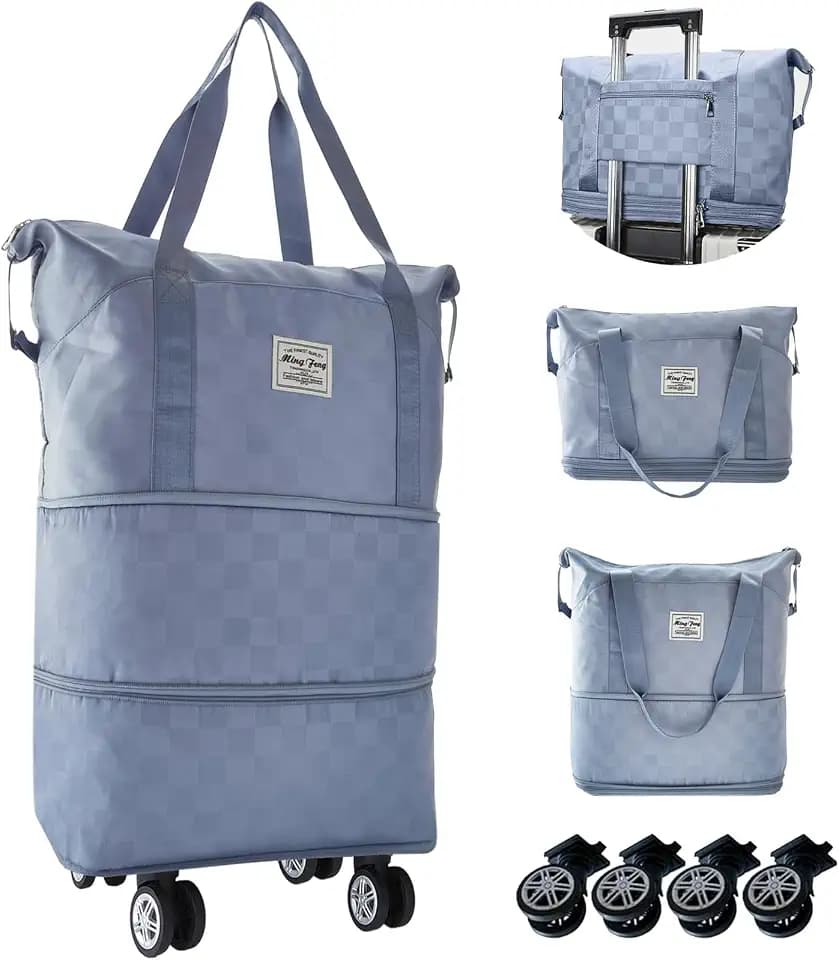 Rolling Duffle Bag with Wheels, 28-58L Expandable Foldable Travel Bag, Lightweight Carry-On Bag for Gym, Camping, Weekend Trips, Business Travel, Weekend Bag for Women & Men(Blue)