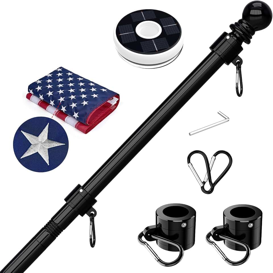 6 FT Flag Pole Kit with Solar Light and 3x5 FT Embroidered American Flag, Stainless Steel Flagpole Kit for Outside House, Residential or Commercial (1 Pack, Black, Without Bracket)