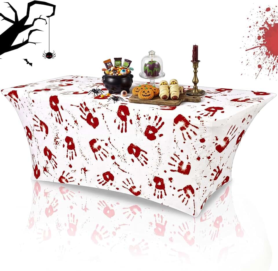 Tegeme 1 Pack Halloween Stretch Table Cover 6ft, Red Handprint Tablecloth