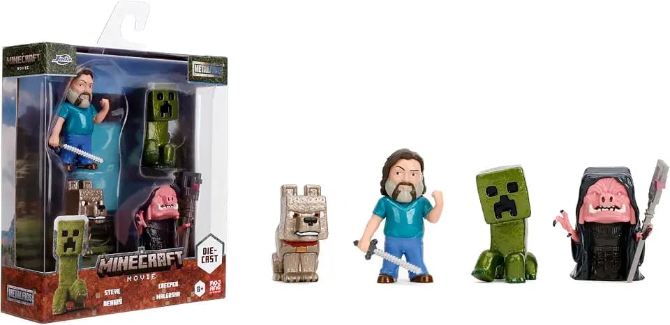 Jada Metalfigs 4-Pack – Minecraft Movie Die-Cast Figures – Steve, Wolf, Creeper, Malgohsa – 2.5-Inch Scale Collectible Set for Kids and Fans – Durable Metal Build