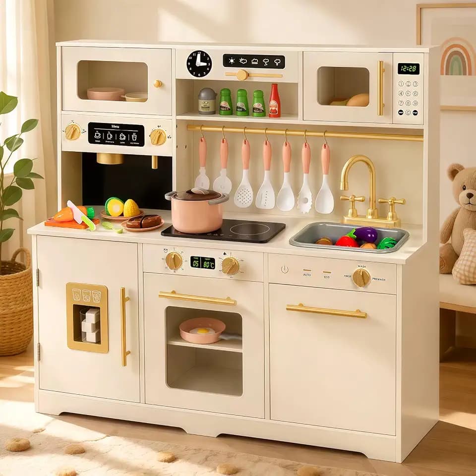 Kids Play Kitchen, Large Wooden Toy Kitchen Set with 41Pcs Food & Cookware