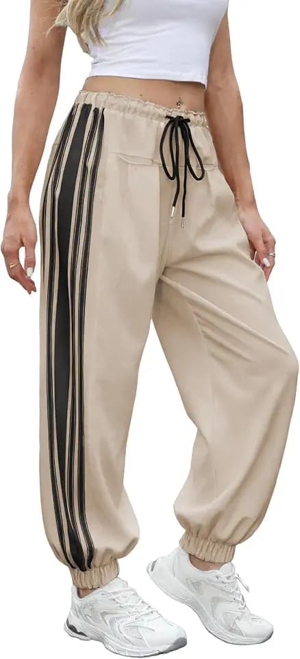 Hongsui Women's Baggy Side Striped Pants Color Block Jogger Pants High Waist Drawstring Harem Pants with Pockets