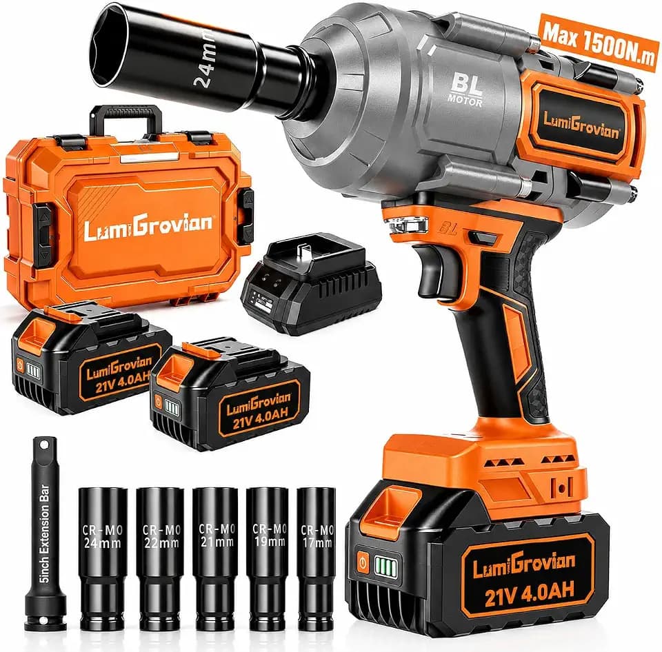 Upgraded Impact Wrench 1106ft-lbs(1500N.m), 1/2" Impact Gun Set