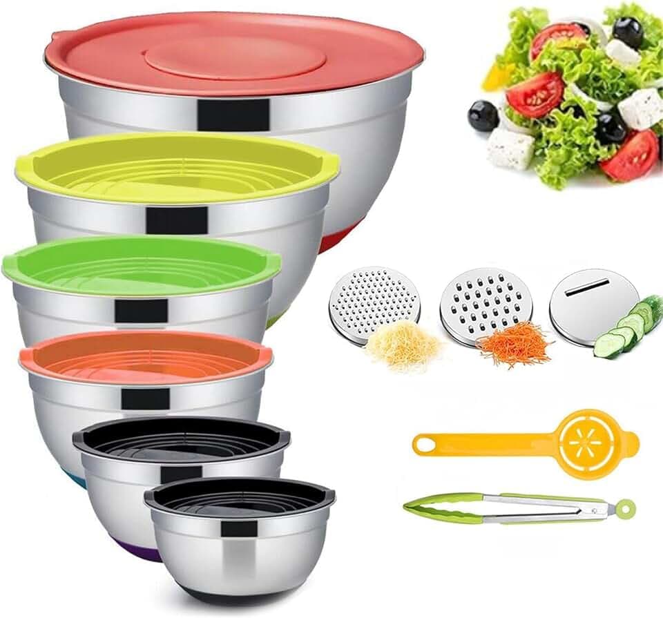 Mixing Bowls Set with Airtight Lids, 6 PCS Stainless Steel Nesting Bowls with Grater Attachments, Non-Slip Bottoms, Sizes 0.7-4.5 QT for Mixing and Serving