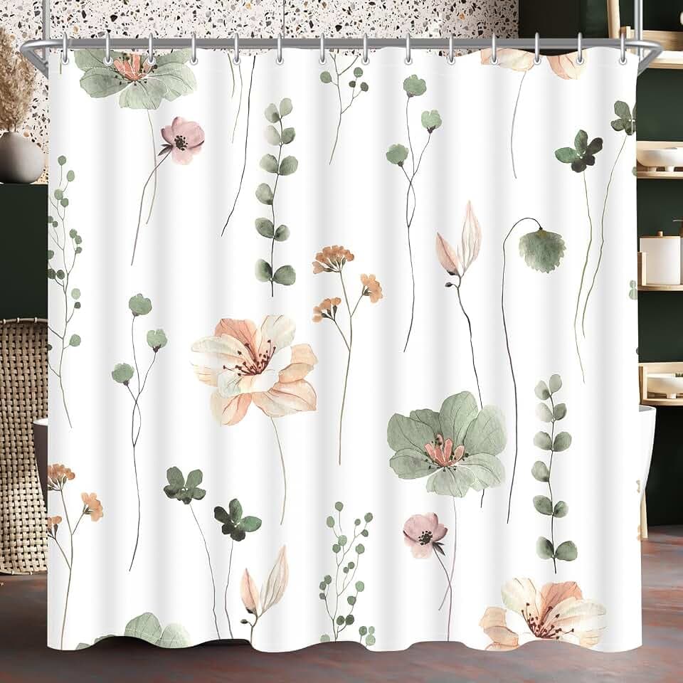 Lerores Duschvorhang 150x200 cm Salbei Grün Blume,Beschwerter Saum Antischimmel,Wasserabweisend, Waschbar Polyester Badevorhänge mit 8 Ösen und Duschvorhangringe für Badezimmer,Badewanne