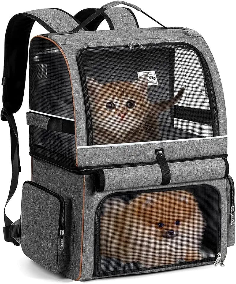 Katzenrucksack mit 2 Ebenen für 2 Katzen, faltbar, Grau