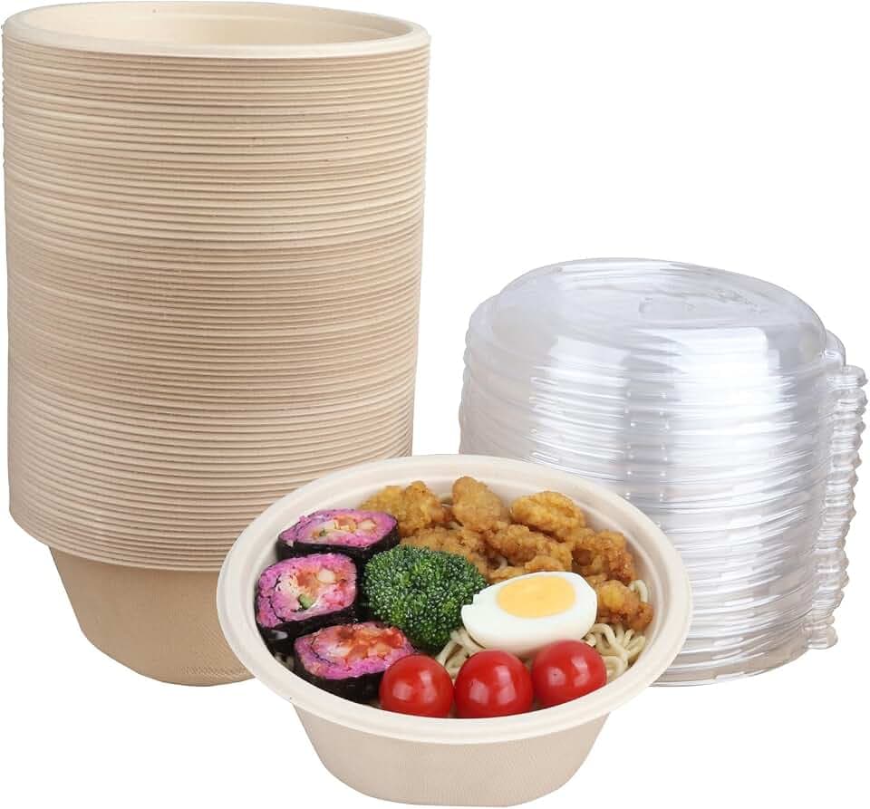32 oz Disposable salad bowls with lids, Plant Fibers 50 Pack