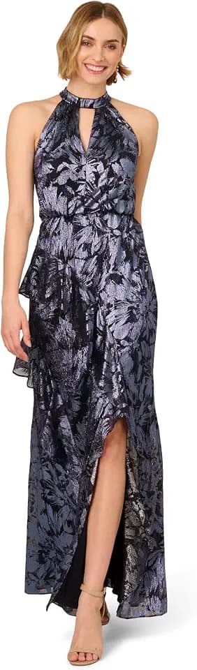 Adrianna Papell Halter Crinkle Metallic Gown