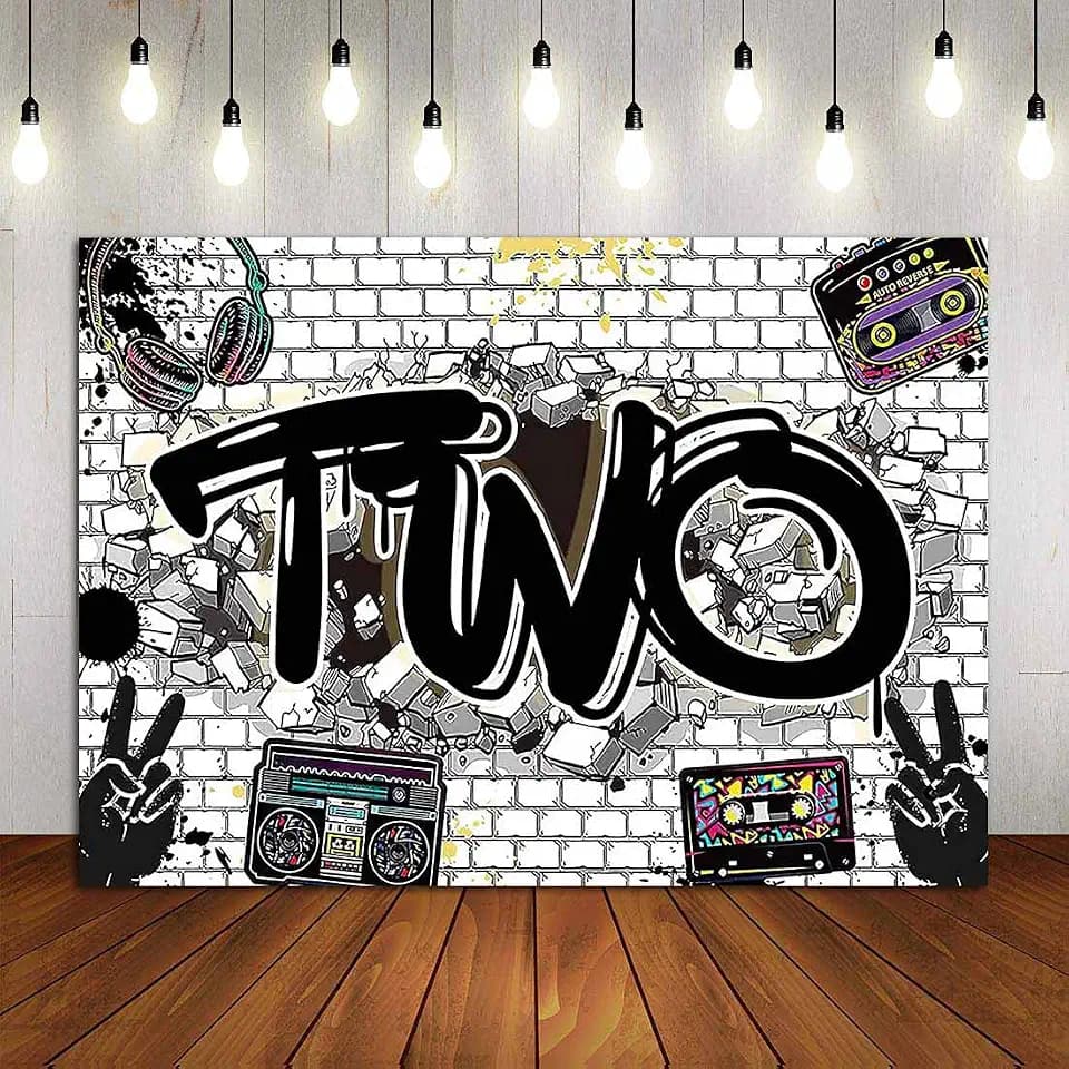 YQ 7x5ft Hip Hop Graffiti White Brick Wall Photography Backdrops Two Legit to Quit Birthday Party Decoration Photo Background Kids Boys or Girl 2nd Happy Birthday Party Supplies Studio Props Vinyl
