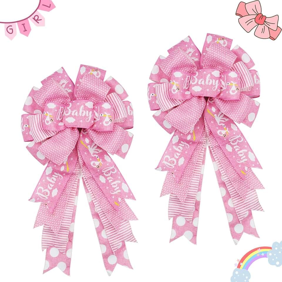 Large Baby Shower Bows 20x11 Inch, 2 Pack Wired Wreath Bow for Boy Girl