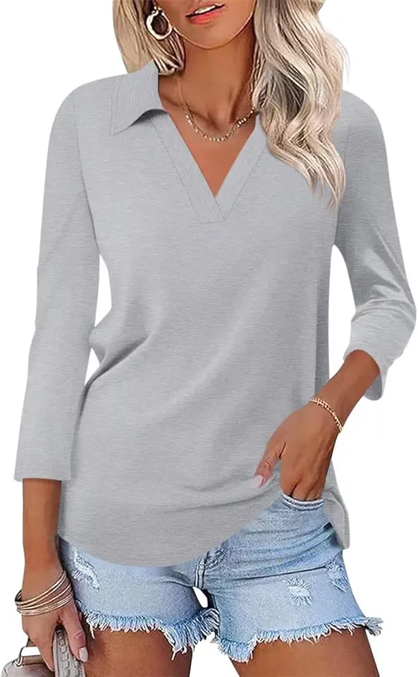 ORANDESIGNE Womens 3/4 Length Sleeve Tops Collared V Neck Polo Shirts