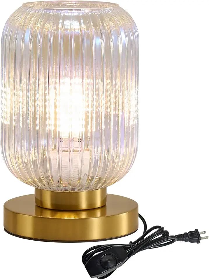 Colorful Glass Table Lamp,Vintage Gold Base Ribbed Bedside Lamp