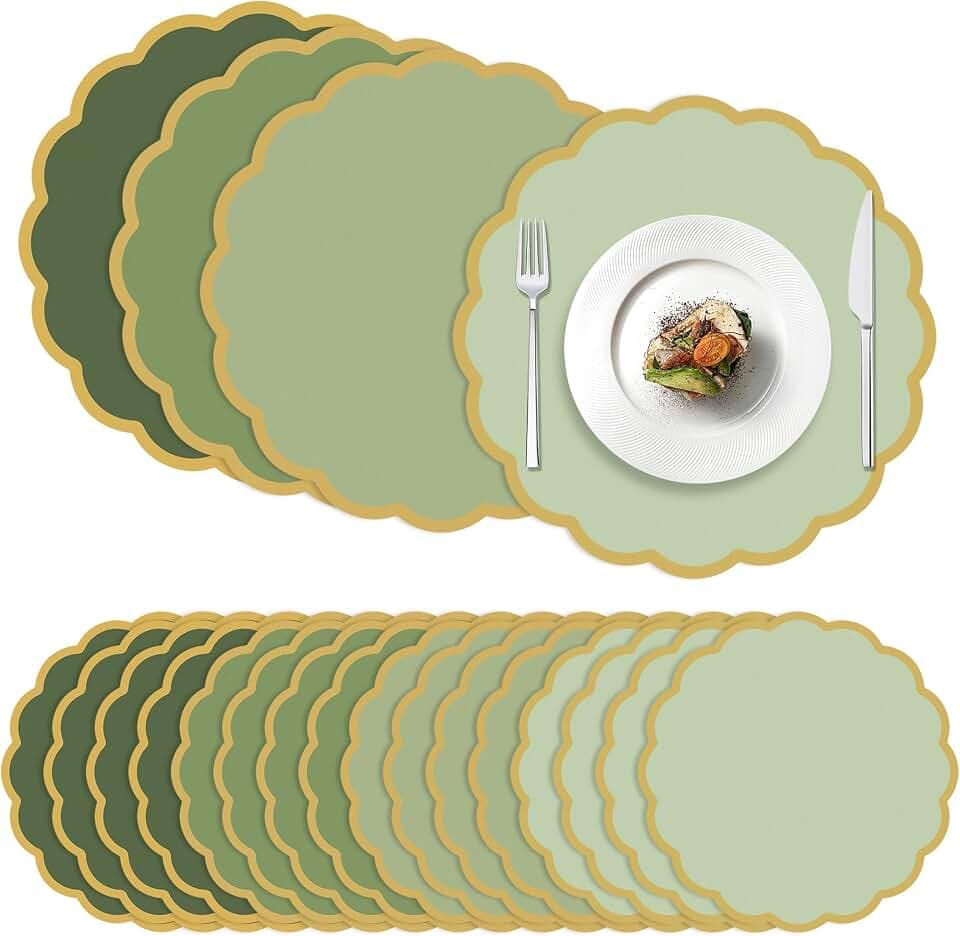 100 Pcs Sage Green Paper Placemats 13.5 Inch Disposable Scalloped Colorful Pastel Round Table Place Mats with Gold Edges, Decorative Colors Mats for Birthday Wedding Baby Shower Banquet Tea Party