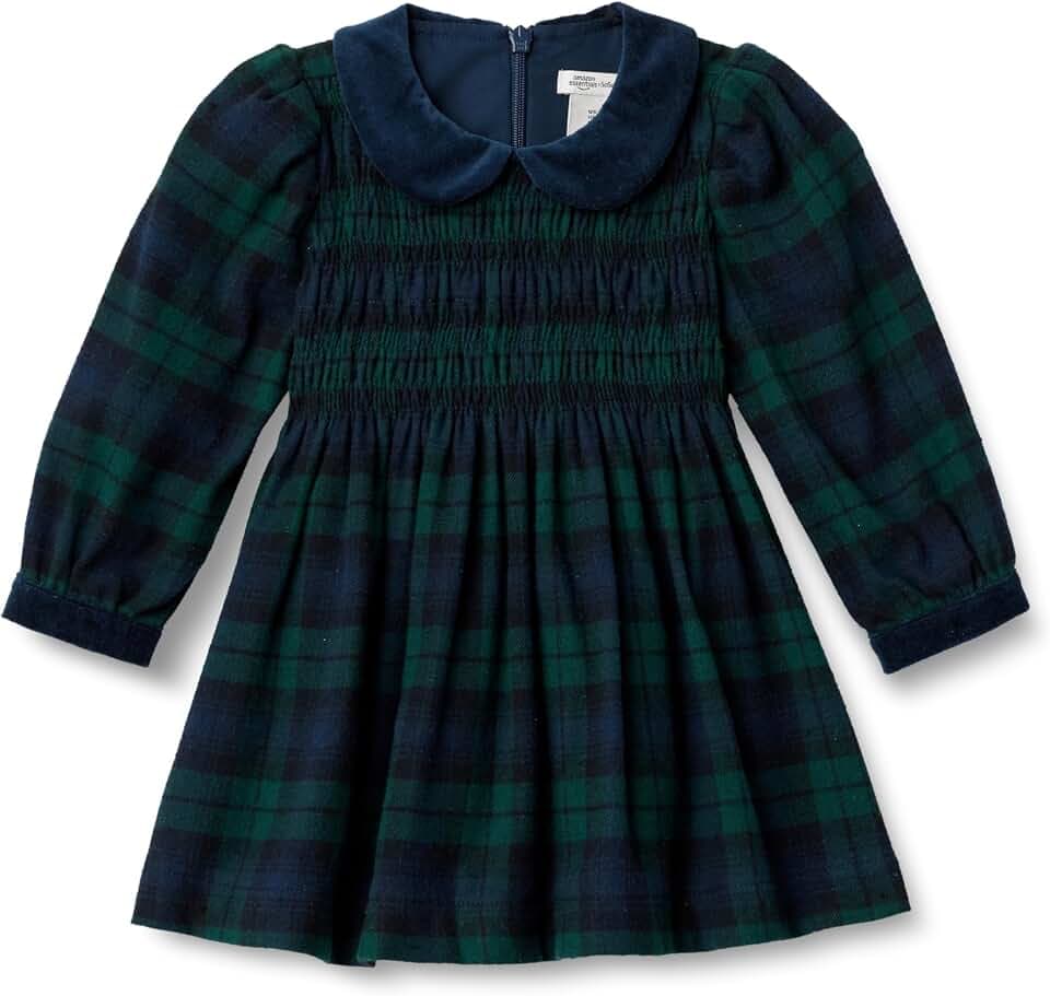Amazon Essentials x Sofia Grainge Toddler and Baby Girls' Long Sleeve Flannel Dress with Velvet Collar, Fit and Flare
