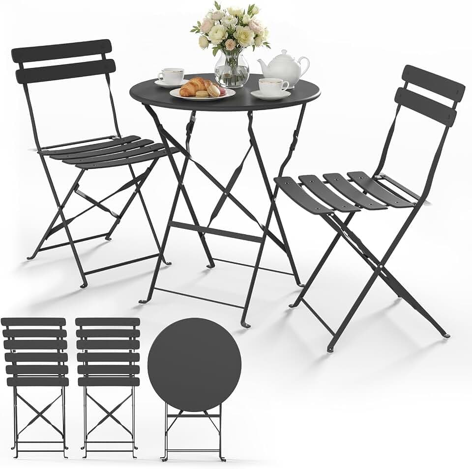 VOUNOT® Bistroset 3-teilig, Klappbar Bistrotisch mit 2 Stühlen, Metall Bistro Set Outdoor, Gartenmöbel Set, Sitzgruppe für Balkon, Terrasse, Garten & Wohnraum, UV- und wetterfest, Grau