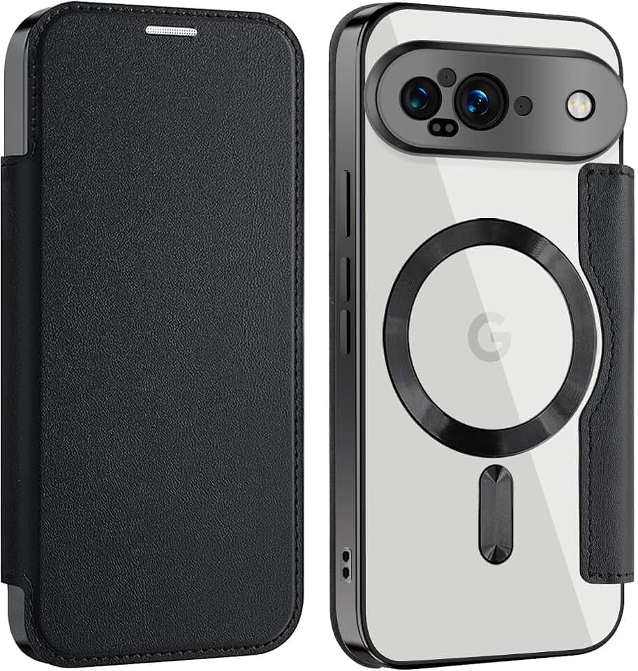 Colala Hülle für Google Pixel 9 Transparente Elektroplattierte Silikon Handyhülle mit Kameraschutz und Lederklappdeckel Schutzhülle Drahtloses Laden unterstützt,Schwarz