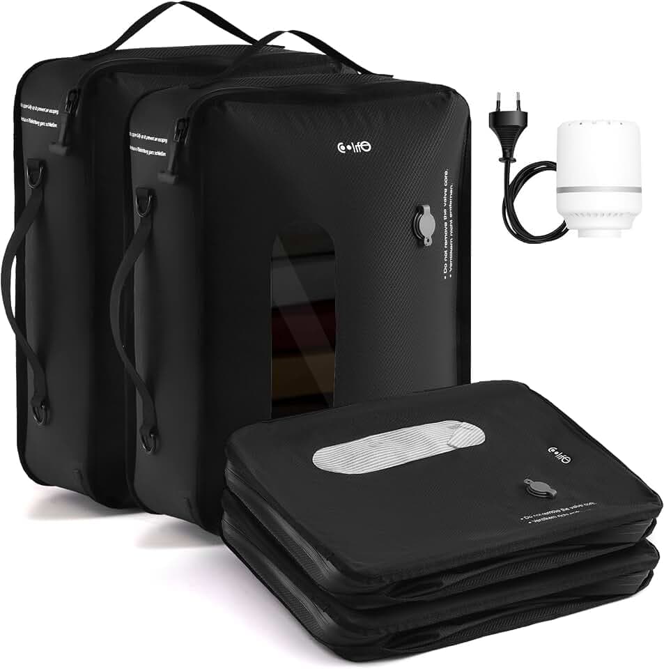 COOLIFE Vakuumbeutel*2 für Kleidung Reise, Abnehmbar Wiederverwendbare Kompressionsbeutel für Koffer und Rucksack, Platzsparend,Leicht und Langlebig (Schwarz, Vakuumbeutel*2+Pumpe*1)