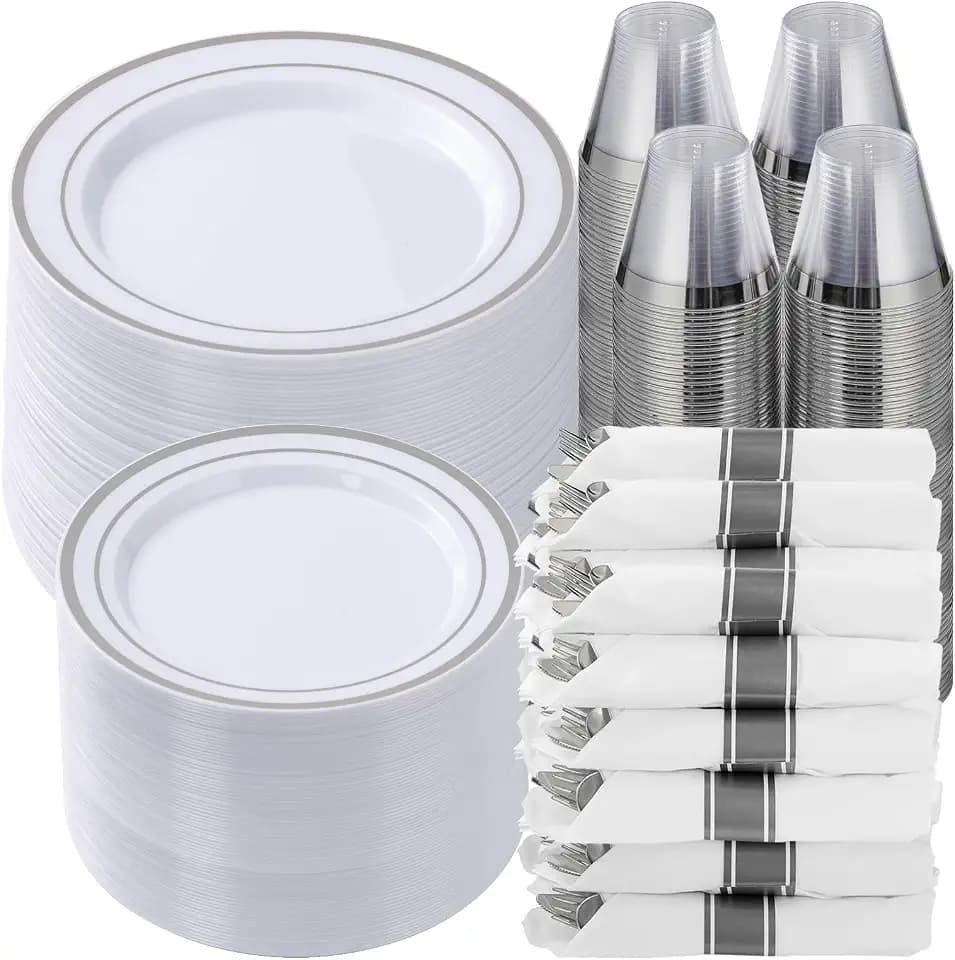 Goodluck 700 Piece Silver Plastic Dinnerware Set for 100 Guests