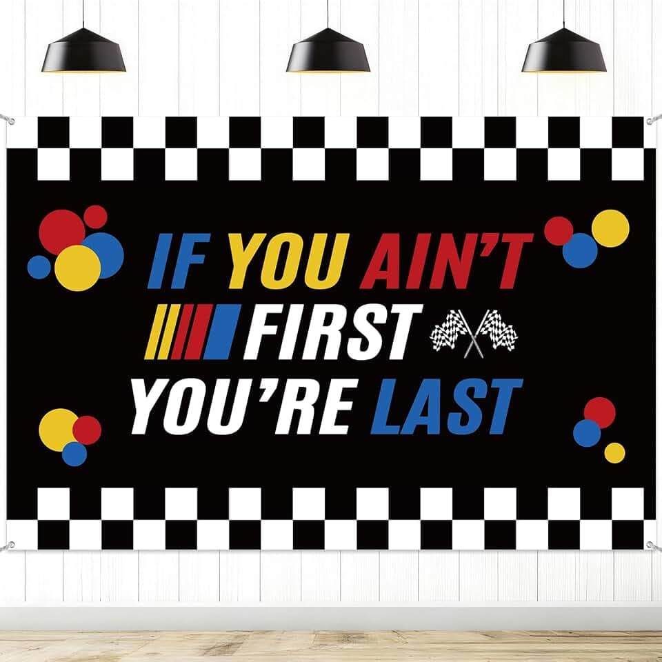 DUOMIMI If You Ain't First You're Last Backdrop Racing Themed Party Decor 1st Birthday for Boy Man Talladega Nights Birthday Decorations 70.8x47.2 Inch