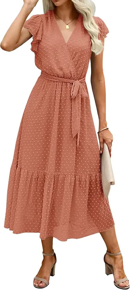 BTFBM Women Summer Casual Wrap V Neck Ruffle Cap Sleeve Belted Midi Dress
