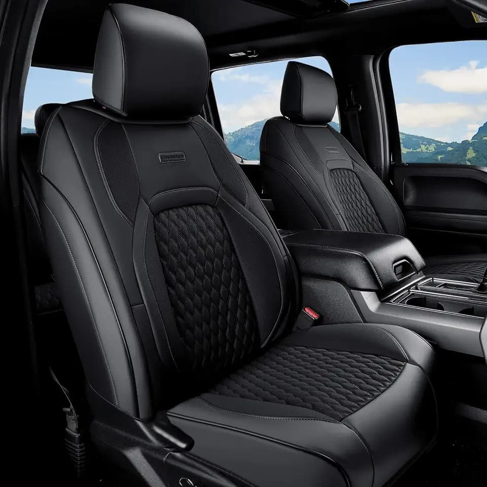 Coverado Custom Fit Front Seat Covers for Chevy Silverado/GMC Sierra 2007-2025 1500, 2015-2025 2500HD 3500HD Crew/Double/Extended Cab – Faux Waterproof Leather (Black)