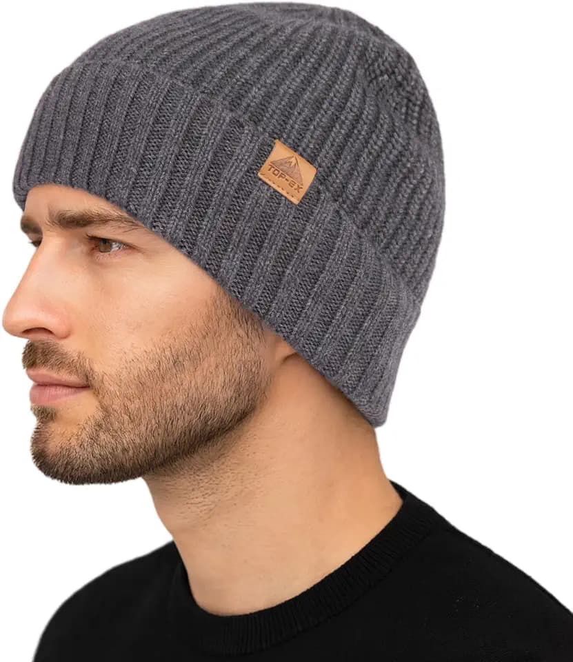TOP-EX Beanie-Mütze aus Merinowolle für Herren, Größe XL/XXL, schwarze Thermo-Wintermütze mit Fleecefutter, weiche, warme Kappe für Wandern, Arbeit, kaltes Wetter, Herren-Geschenk