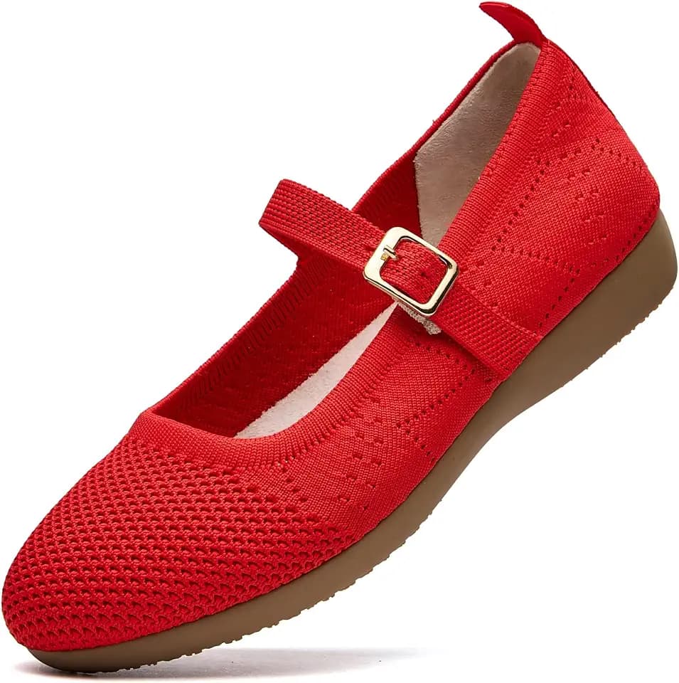 Lumina Flyknitting Womens Mary Jane Flats - Adjustable Strap, Eco-Friendly Glue-Free, Machine-Washable Lightweight Breathable for Work & Daily Walking