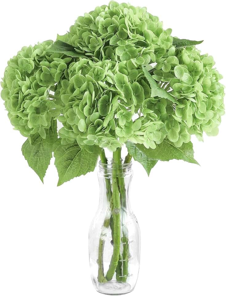 Floroom 4 Pcs Real Touch Elf Green Hydrangea Artificial Flowers, 20" Full Faux Hydrangea Flowers Fake Flowers for Home Decor Party Floral Arrangements Wedding Bouquets Centerpieces Decorations