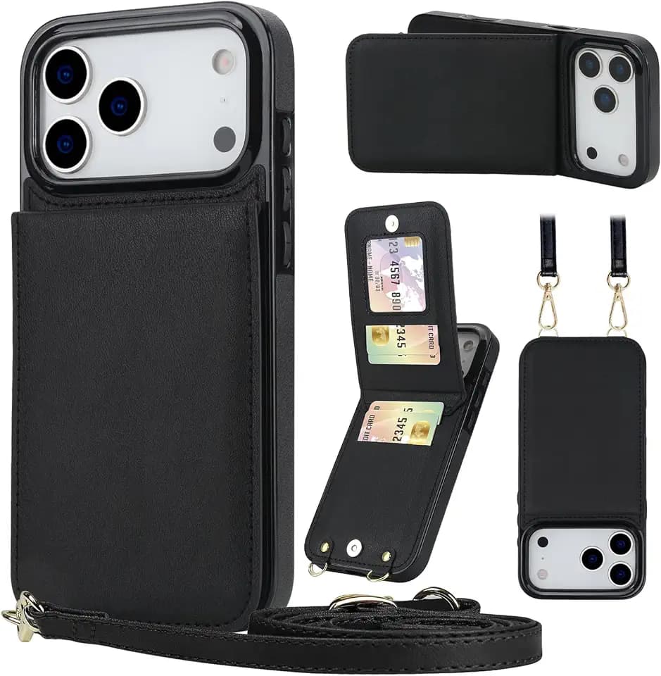 Compatible for iPhone 17 Pro Case Wallet with Crossbody Strap, 4 Card Holder [RFID Blocking], Flip Vegan Leather Protective Shockproof Slim Wallet Phone Case for Women Girls, Black