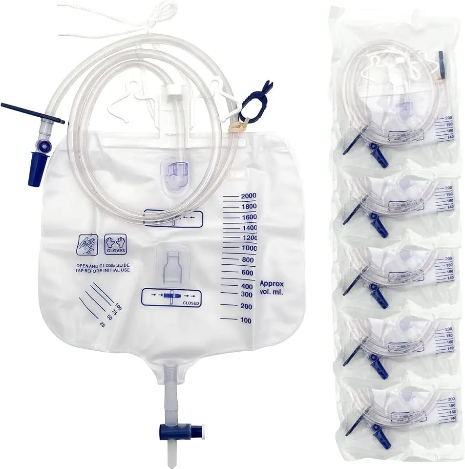 2000mL Catheter Bags, 6 Pack Urine Drainage Bags with Anti-Reflux Chamber, 48" Drainage Tube, Clips & Hook, Disposable Bedside Urinary Drainage Bag for Home Hospital