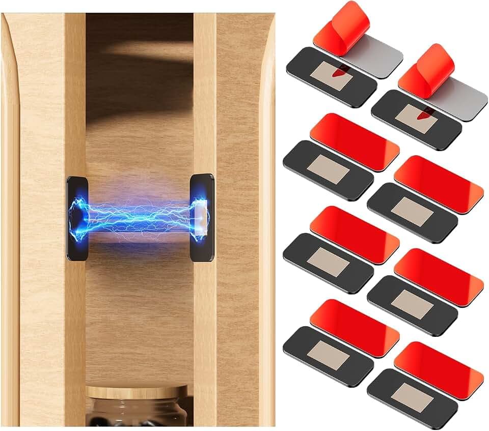 PHIXBEAR 8 Pack Black Magnetic Door Catch, Ultra Thin Cabinet Door Magnets, Adhesive Drawer Magnets to Stay Closed, Stainless Steel Cabinet Latch Easy to Install with Double Sided Tape