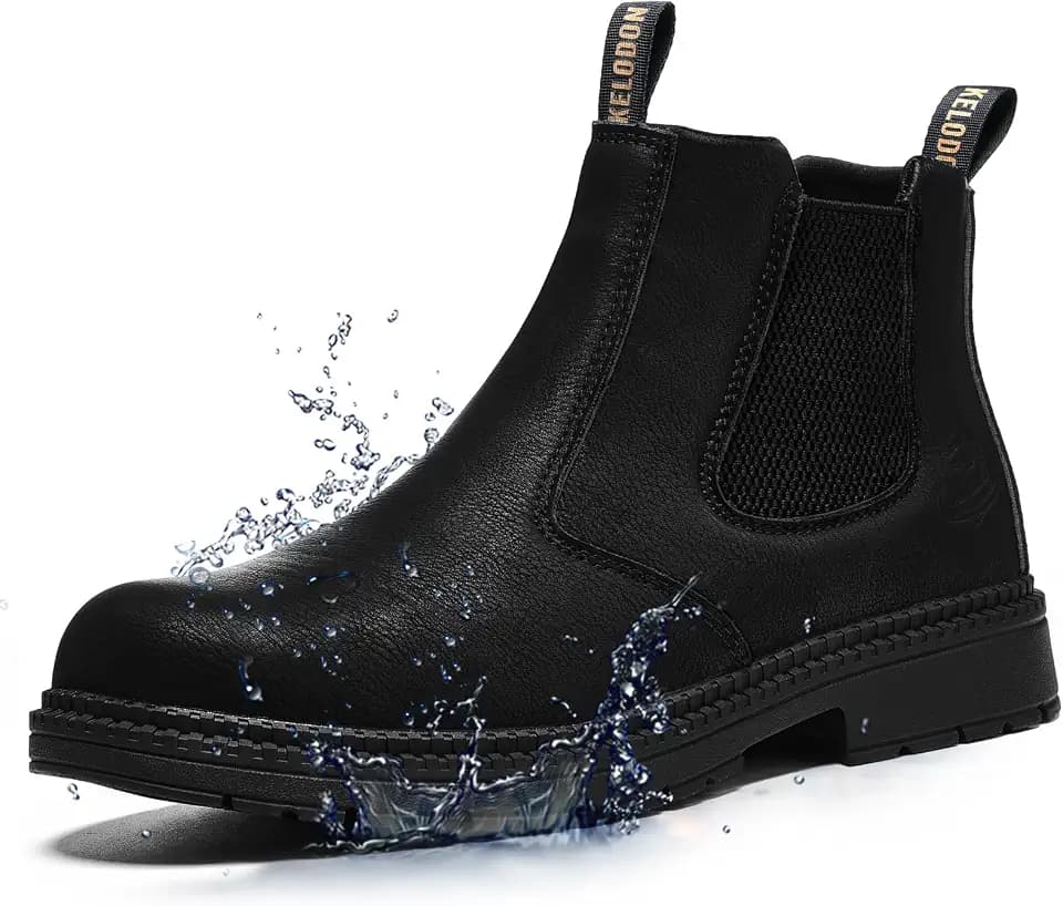 KELODON Slip On Steel Toe Boots For Men Waterproof Work Shoes